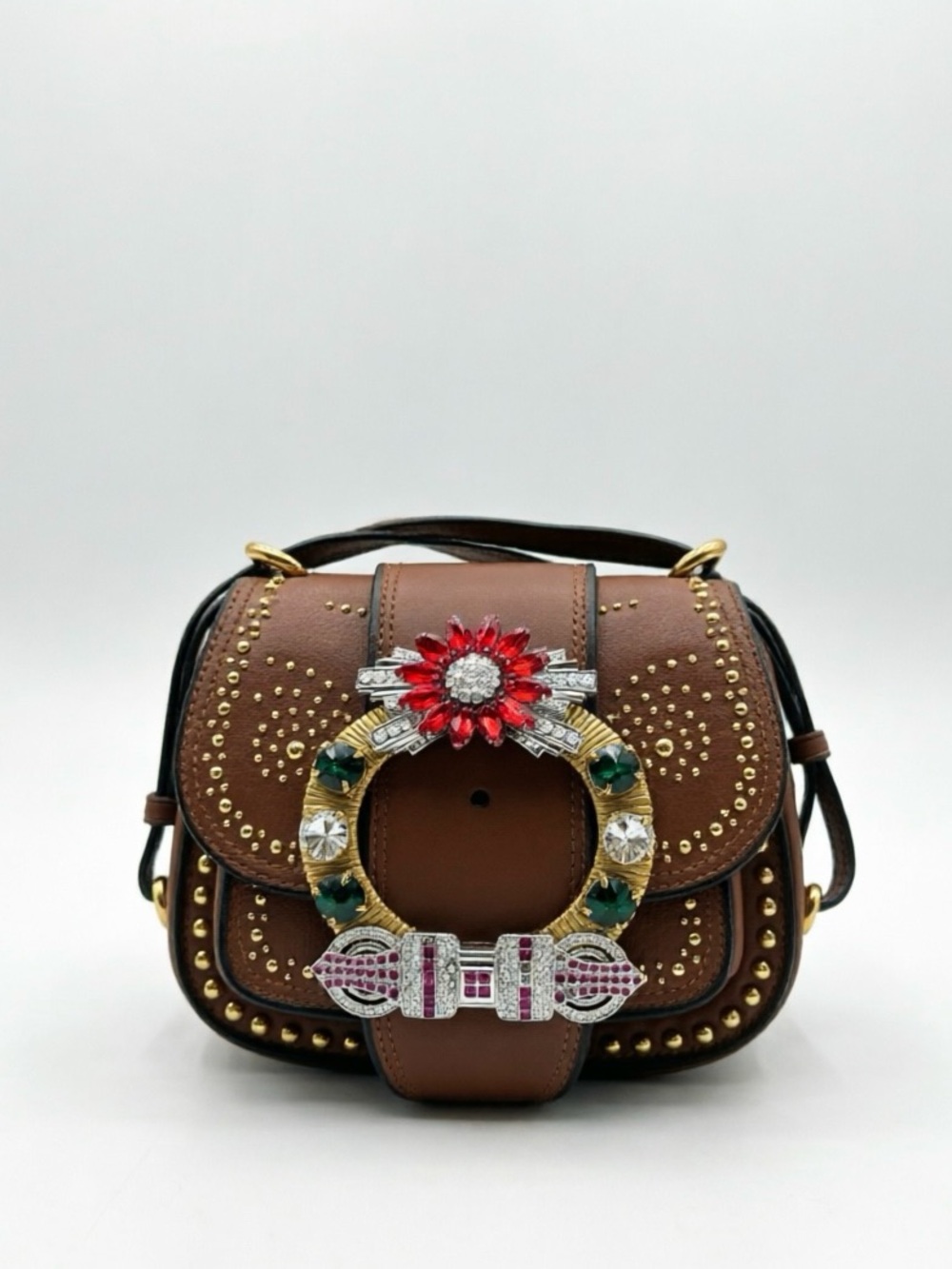 Miu Miu Brown Mini Crossbody with Jeweled Floral Buckle - Picture 2 of 11